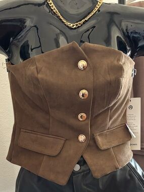 Brown Strapless Corset Top with Gold Buttons
